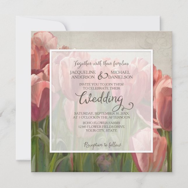 Coral Pink Tulip Spring Wedding Wood Wooden Rustic Invitation (Front)