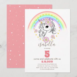 Coral Pink Unicorn RainBow Girl Birthday Cards