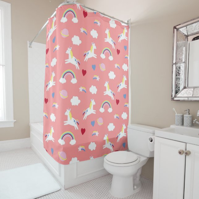 Coral Pink Unicorns Shower Curtain (In Situ)