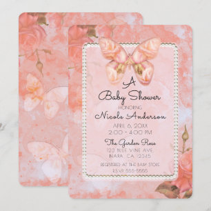 Coral Pink Vintage Butterfly Rose Baby Shower Invitation