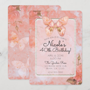 Coral Pink Vintage Butterfly Rose Birthday Party Invitation