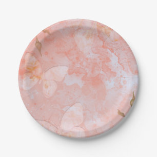 Coral Pink Vintage Butterfly Rose Bridal Shower Paper Plate