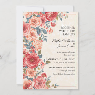 Coral Pink Vintage Floral Wedding Invitation