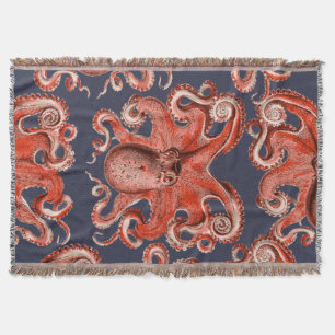 Coral Pink Vintage Octopus Sea Creature Throw Blanket