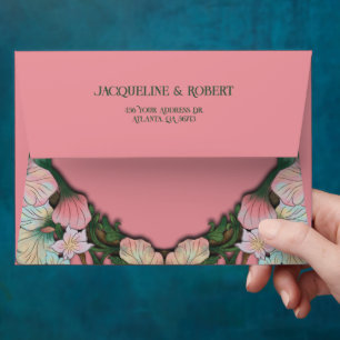 Coral Pink Watercolor Art Nouveau Wedding Envelope