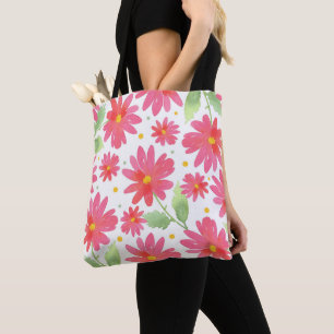 Coral Pink Watercolor Daisy Pattern Tote Bag
