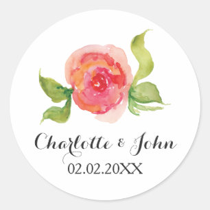 coral pink watercolor floral wedding stickers