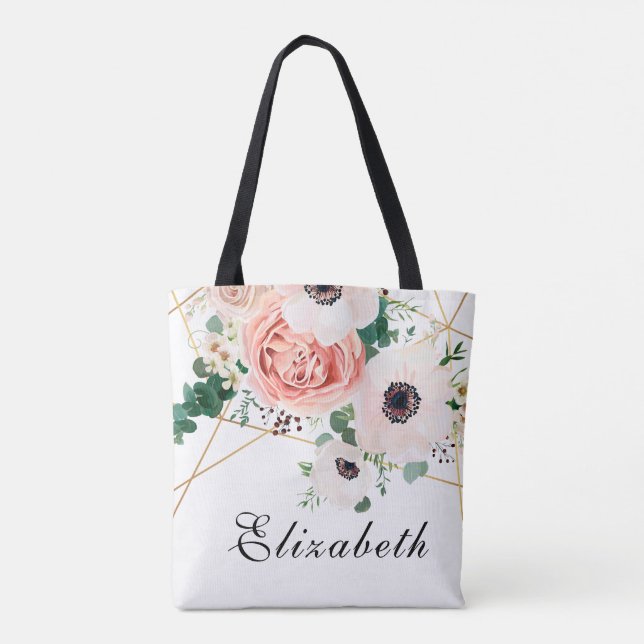 Coral Pink Watercolor Flowers Tote Bag (Back)