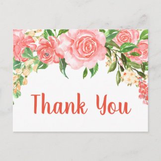 Coral Pink Watercolor Roses Thank You Postcard