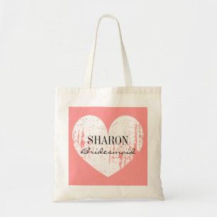 Coral pink weathered heart bridesmaid tote bag