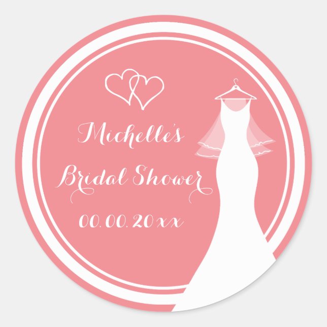 Coral pink wedding dress bridal shower stickers (Front)