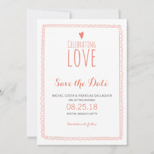 Coral Pink Whimsical Doodle Frame Save the Date Invitation