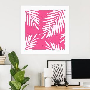 Coral Pink, White Acrylic Palm Leaves Poster