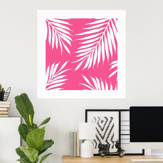 Coral Pink, White Acrylic Palm Leaves  Poster (Home Office)