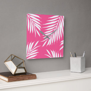 Coral Pink, White Acrylic Palm Leaves  Square Wall Clock