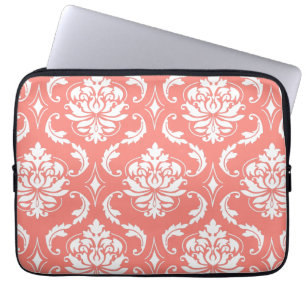 Coral Pink White Classic Damask Pattern Laptop Sleeve