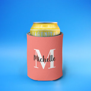 Coral Pink & White Custom Monogram Can Cooler