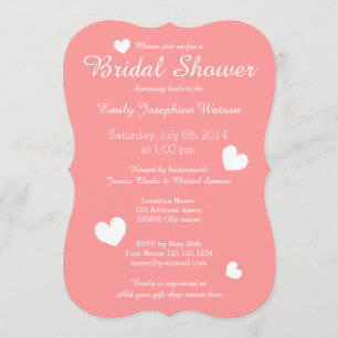 Coral pink & white heart bridal shower invitations