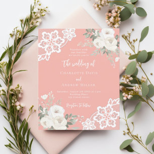 Coral pink white lace wedding invitation