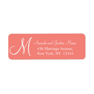 Coral Pink White Monogrammed Wedding Address Label