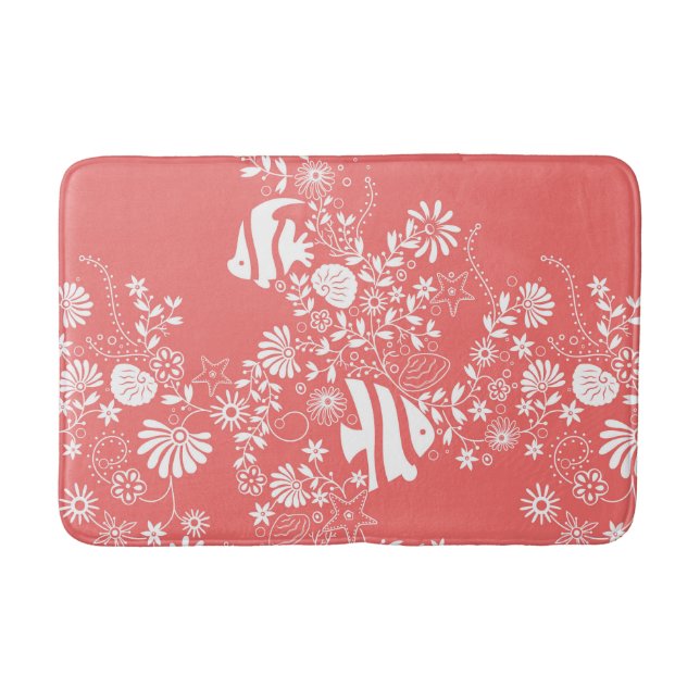 Coral Pink White Ocean Life Pattern Bath Mat (Front)