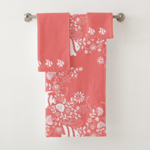 Coral Pink White Ocean Life Pattern Bath Towel Set