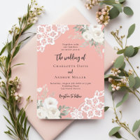 Coral pink white roses lace wedding