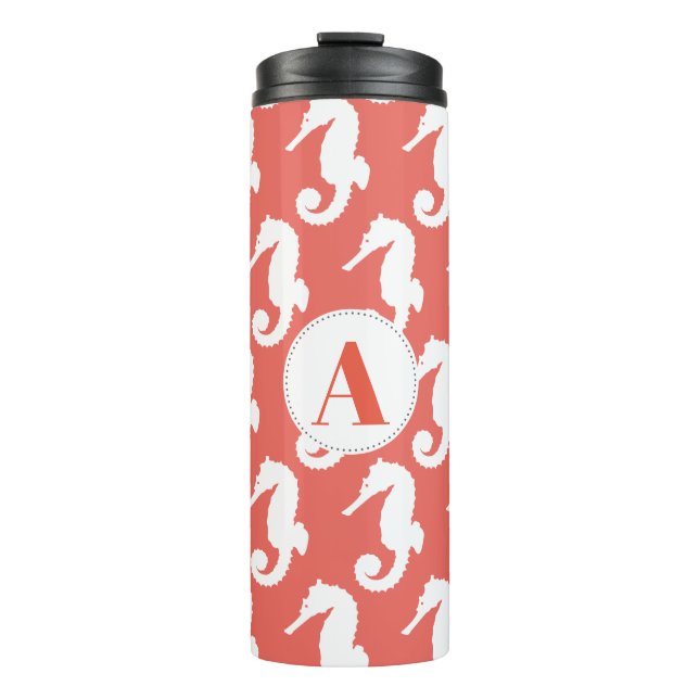 Coral Pink & White Seahorses with Initial Thermal Tumbler (Front)