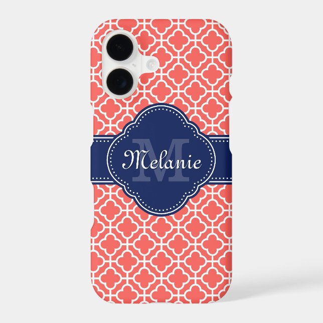 Coral Pink Wht Moroccan Pattern Navy Monogram (Back)