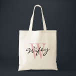 Coral pink WIFEY monogram honeymoon tote bags<br><div class="desc">Coal pink WIFEY monogram honeymoon tote bags. Classy budget totebag with stylish calligraphy typography. Cute marriage accessory for new wife, bride to be, newlywed women and just married girls etc. Can also be use as personalizable bridesmaid tote bags for team bride. Make your own for bridesmaids, flower girl, maid of...</div>