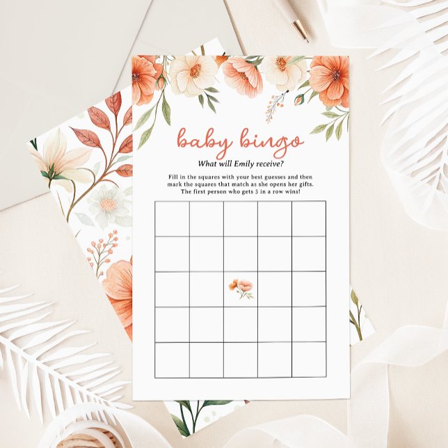 Coral Pink Wildflower Baby Bingo Baby Shower Game (Creator Uploaded)