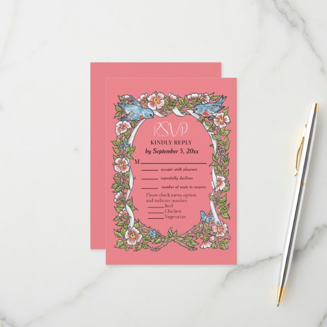 Coral Pink Wildflower Bird Border Floral Wedding RSVP Card (Front/Back In Situ)
