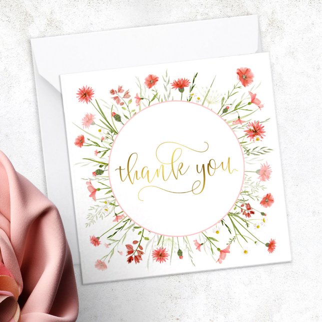 Coral Pink Wildflower Gold Script Thank You Card (Creator Uploaded)