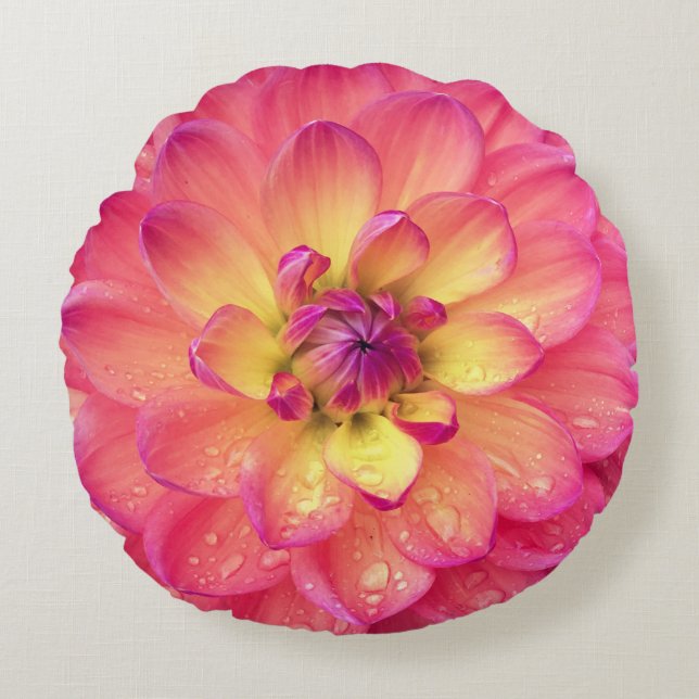 Coral pink yellow dahlia zinnia flower round cushion (Front)