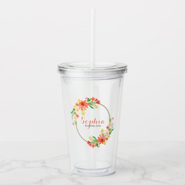 Coral Pink Yellow Daisy Flower Girl Gift Acrylic Tumbler (Front)