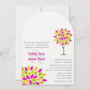 Coral Pink Yellow Green Modern Tree Flower Wedding Invitation