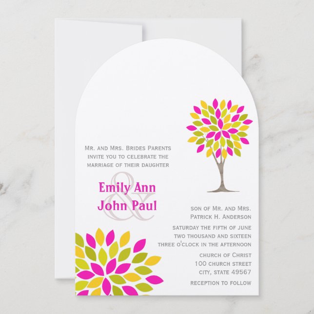 Coral Pink Yellow Green Modern Tree Flower Wedding Invitation (Front)