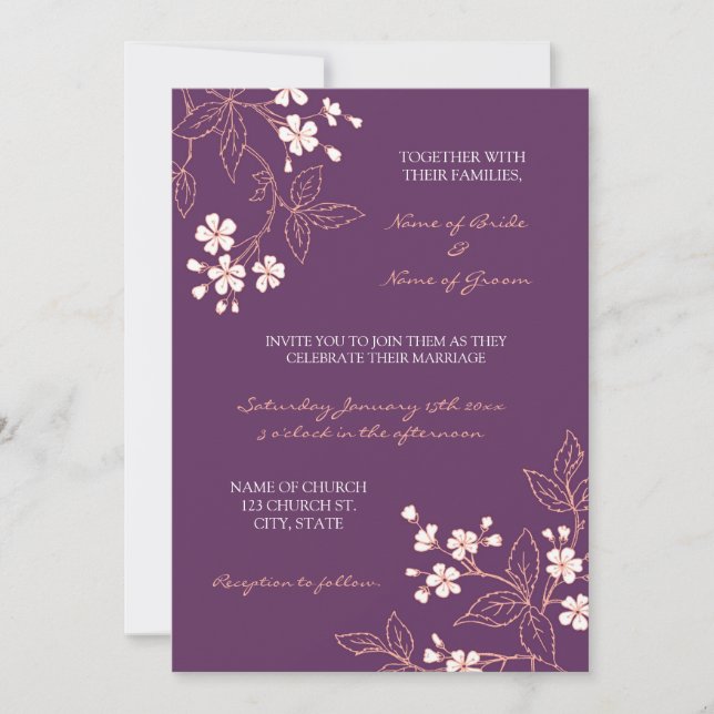 Coral Plum Floral Photo Wedding Invitation Cards (Front)