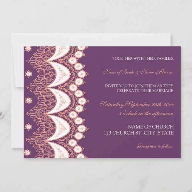 Coral Plum Lace Pattern Wedding Invitation Cards (Front)