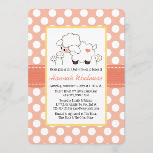 Coral Polka Dot Lamb Baby Shower Invitation