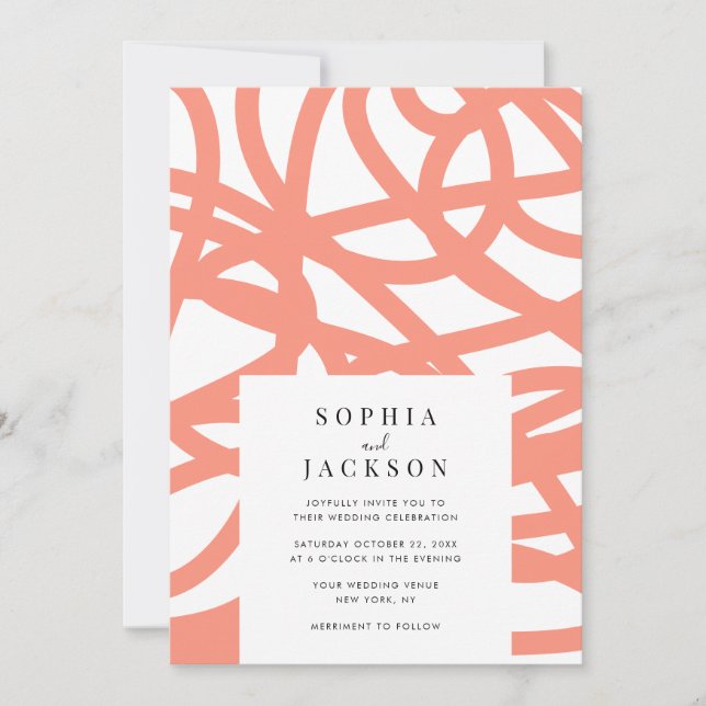 Coral Pop Modern Minimalist Abstract Wedding Invitation (Front)