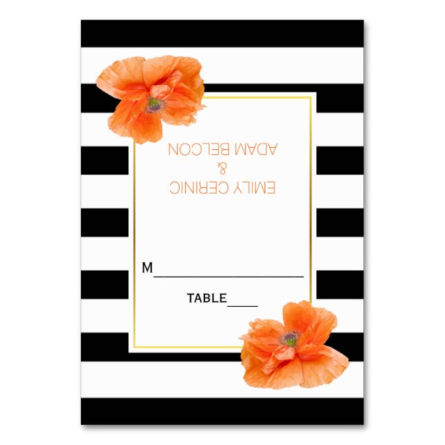 Coral poppies and stripes wedding escort card (Front)