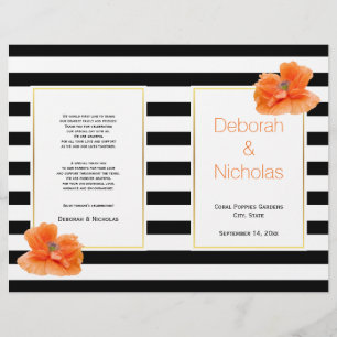 Coral poppies black white stripes wedding program
