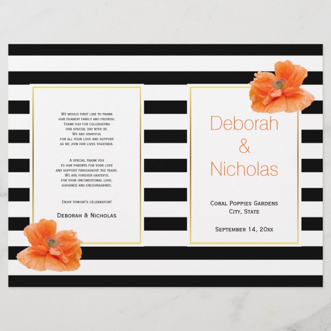 Coral poppies black white stripes wedding program (Front)