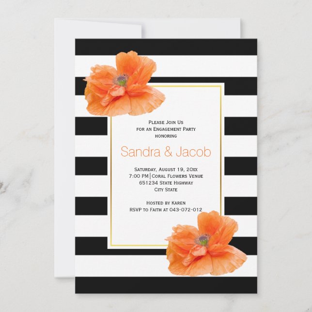 Coral poppies black white wedding engagement party invitation (Front)