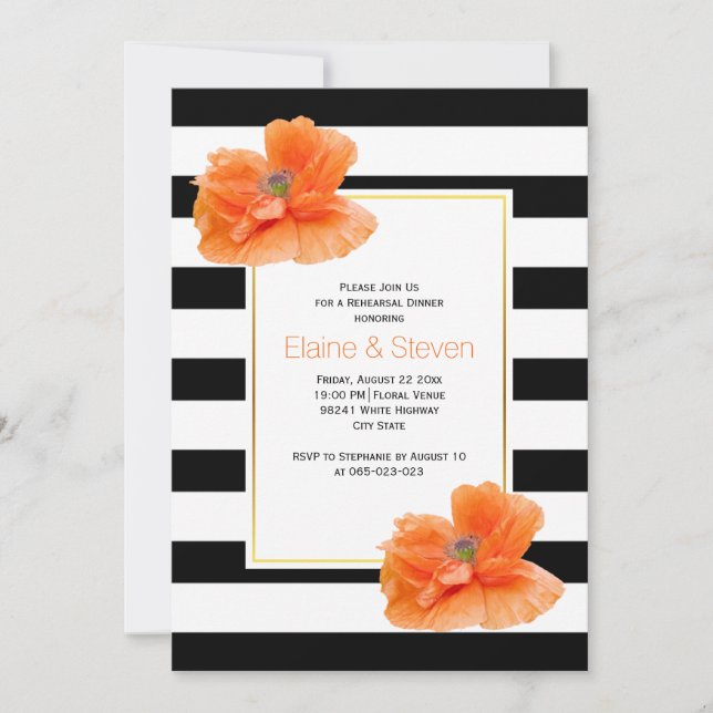 Coral poppies black white wedding rehearsal dinner invitation (Front)