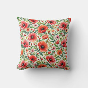 Coral Poppies Botanical Watercolor Cushion