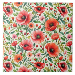Coral Poppies Botanical Watercolor Tile