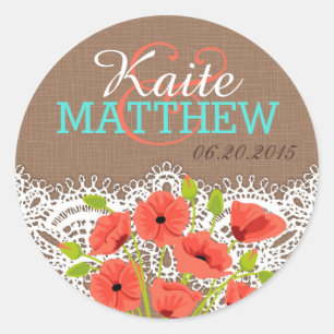 Coral Poppies Lace Burlap Wedding Label