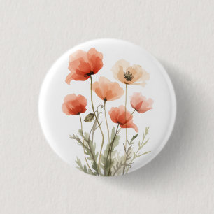 Coral Poppies Watercolor Floral Print 3 Cm Round Badge